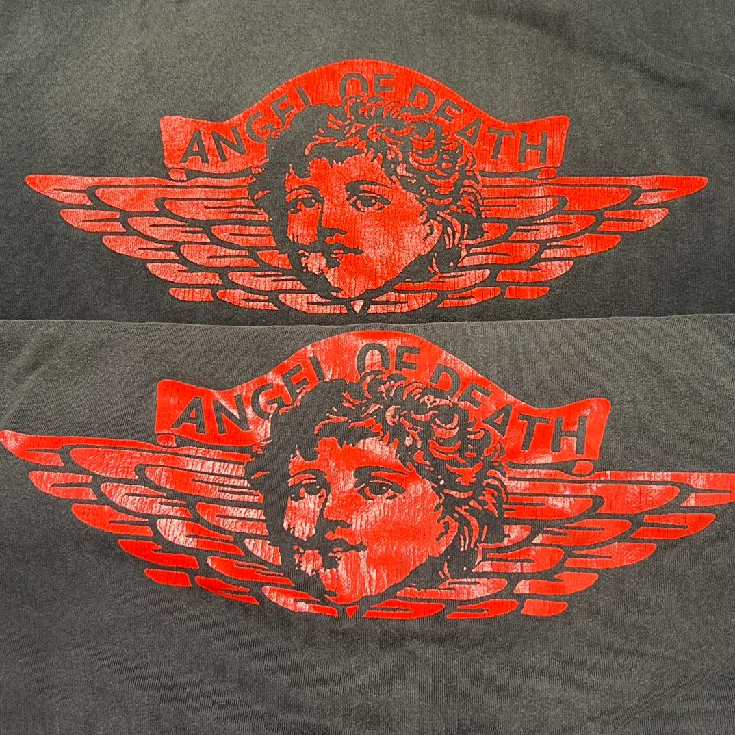 Printed proofing SAINT Mxxxxxx ANGEL HOODIE/BLK Angel Reborn Cracked Printed Retro Distressed Hoodie Washed Black S-XL